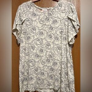 LuLaRoe Olive Medium White Top with Black Rose Print